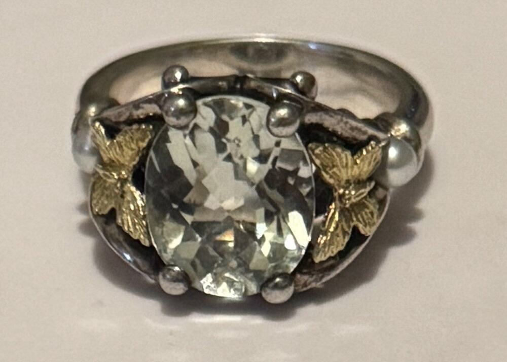 Vintage Ann King 925 18K Green Amethyst Prasiolite Pearl Butterfly Ring Sz 8.5